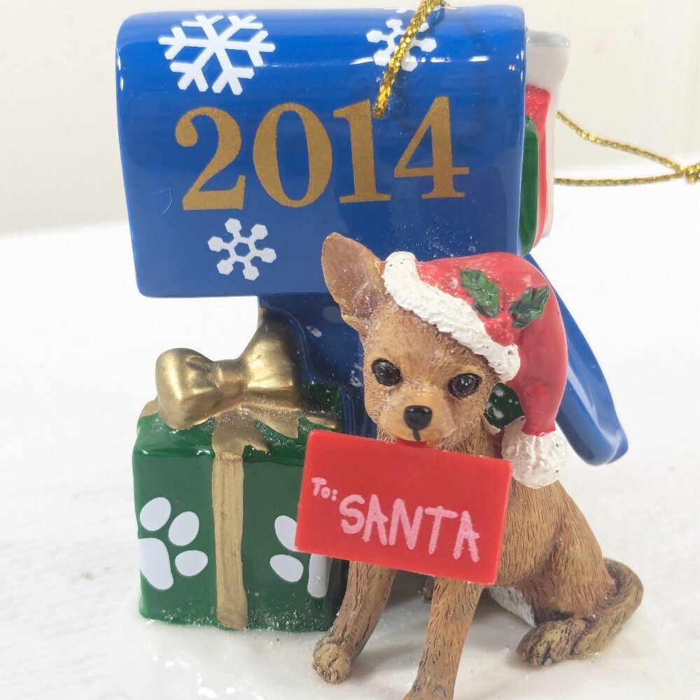 Danbury Mint 2014 Chihuahua Christmas Ornament brown Tan Dear Santa blue mailbox